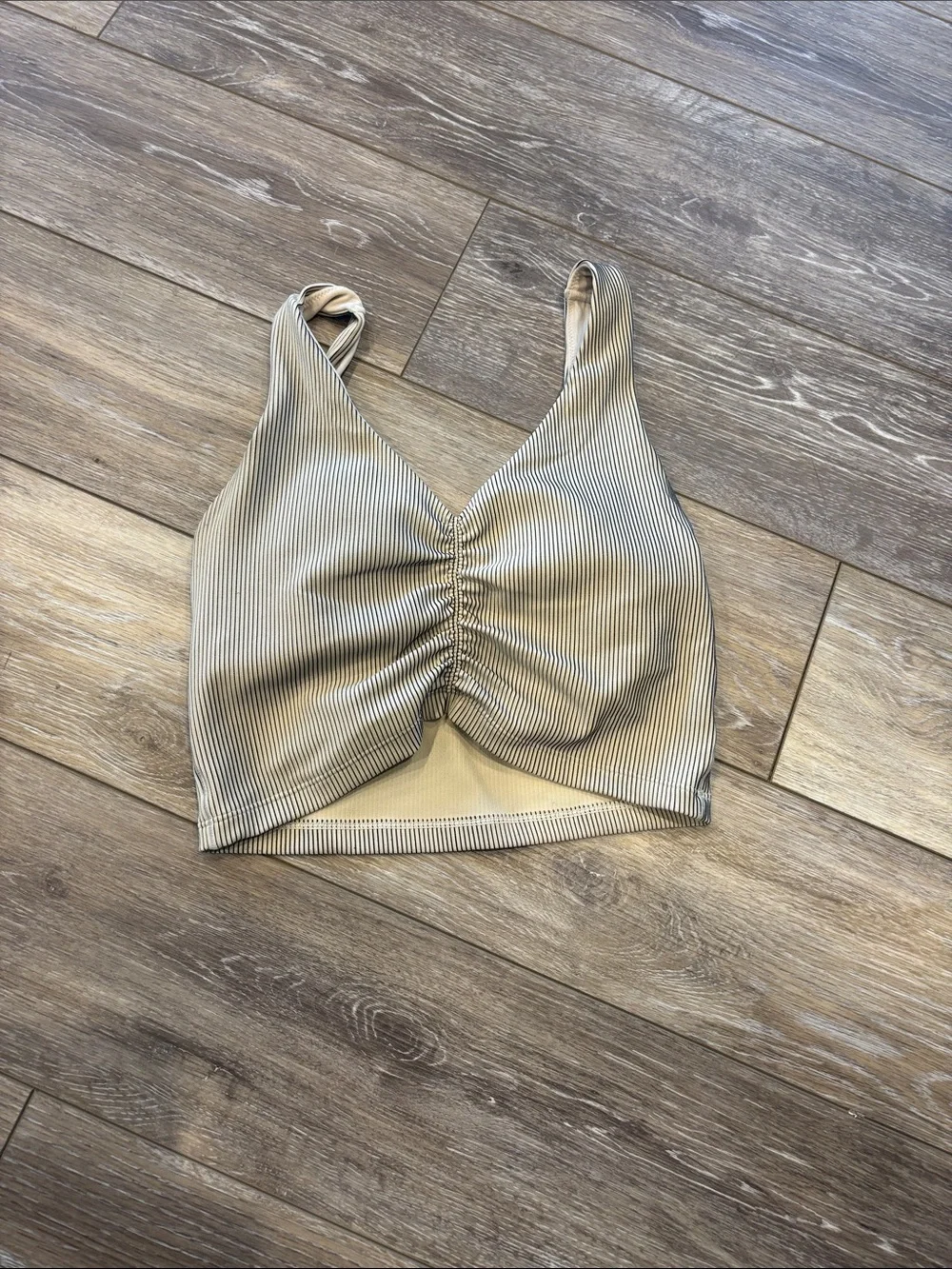 aerie Striped Ruched V-Neck Crop Tank - Beige & White